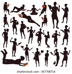 Big set of women reading books silhouettes