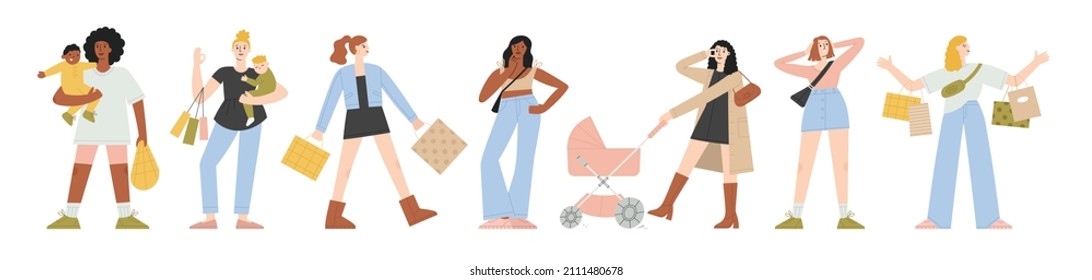 Big set with women shopping. Mom with a child, stroller, a girl surprised by the discounts on the sale, thoughtful girl, satisfied and happy customers. Shopping, sale concept. Vector illustration