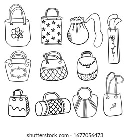 A big set of women's bags . Element of women 's accessories. Fashionable vector illustration in cartoon style. Isolated object on a white background. Sketch for the design of gift cards, packaging.