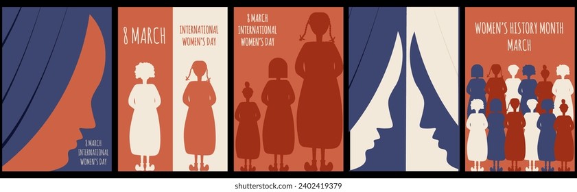 Big set Women's Day greeting Card design in trendy Retro style. Women's History Month poster template. Vector illustration can used web pages, banner, brochure cover and print. Embrace day.