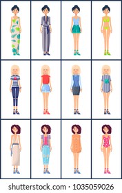 Big set of womens in summer mode collection of clothes on different choice. Summer vogue apparel on pretty slim girls in fashionable garment vector