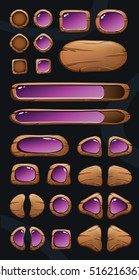 Big Set of wooden buttons with violet glossy elements for game or design. Gui elements. Vector illustration