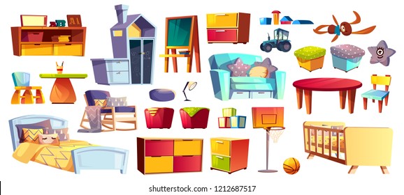 Big set of wooden furniture, soft toys and accessories for children room, bedroom cartoon vector illustrations isolated on white background. Kindergarten or nursery interior design elements collection