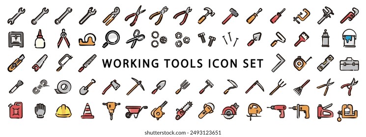 Big set of work tool icons for graphics (Hand-drawn line, colored version)