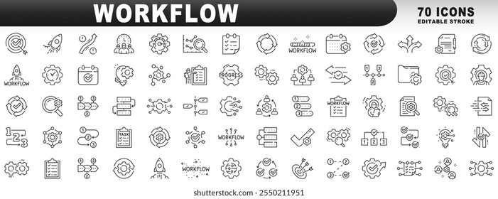 Grande conjunto de ícones de linha relacionados ao fluxo de trabalho. Processo, estrutura, estratégia, operação etc. Traçado editável