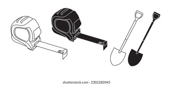 Big Set of Working Tools Icon (Thin Line Version).Construction tool icon collection - vector illustration.Collage of repair tools on a white background. Selective focus. People.