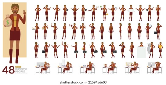 Big Set of working woman wear brown color suit character vector design. Presentation in various action. People working in office planning, thinking and economic analysis.