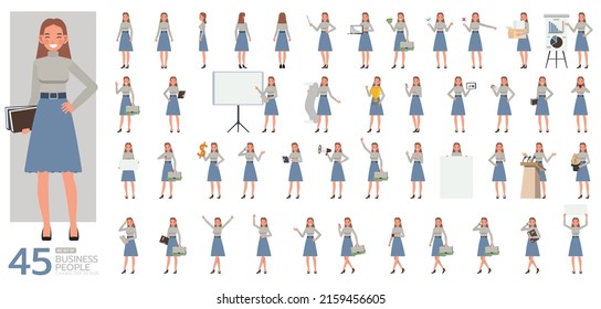 Big Set Of Working Woman Wear Grey Shirts Color Character Vector Design. Presentation In Various Action. People Working In Office Planning, Thinking And Economic Analysis.