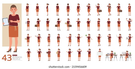 Big Set of working woman wear red shirts color character vector design. Presentation in various action. People working in office planning, thinking and economic analysis.