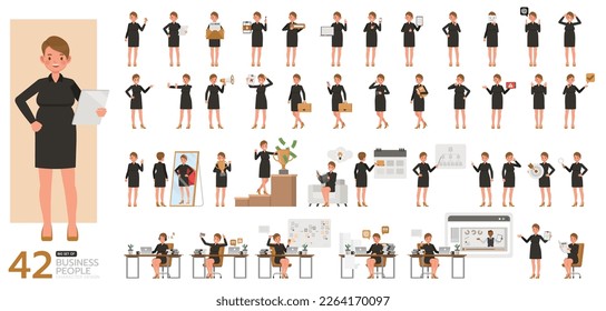 Big Set of working woman wear black dress color character vector design. Presentation in various action. People working in office planning, thinking and economic analysis.