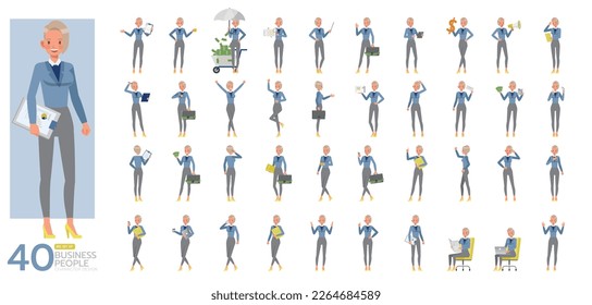 Big Set of working woman wear blue suit character vector design. Presentation in various action. People working in office planning, thinking and economic analysis.