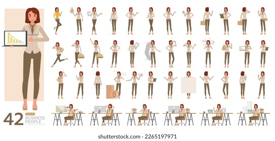 Big Set of working woman wear brown suit character vector design. Presentation in various action. People working in office planning, thinking and economic analysis.