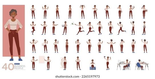 Big Set of working woman wear cream shirt color character vector design. Presentation in various action. People working in office planning, thinking and economic analysis.