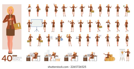 Big Set of working woman wear orange suit character vector design. Presentation in various action. People working in office planning, thinking and economic analysis.