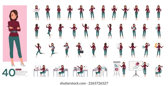 Big Set of working woman wear red sweater color character vector design. Presentation in various action. People working in office planning, thinking and economic analysis. - Shutterstock ID 2265726527