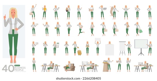 Big Set of working woman wear white suit character vector design. Presentation in various action. People working in office planning, thinking and economic analysis.