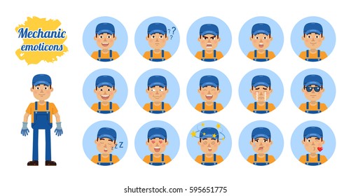 Big set of workman emoticons. Repairman emojis showing different facial expressions. Happy, sad, smile, laugh, surprised, serious, angry, dazed, sleepy and other emotions. Simple vector illustration