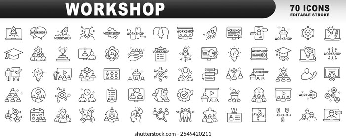 Big set of workshop related icons. Training, seminar, conference etc. Editable stroke