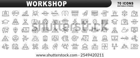 Big set of workshop related icons. Training, seminar, conference etc. Editable stroke