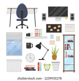 Big set of workspace Flat elements modern design workplace in room.