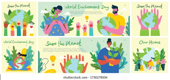Big set of world environment day posters with people holding earth globe. Protect environment green eco concept. Green and peaceful illustration in modern flat style.