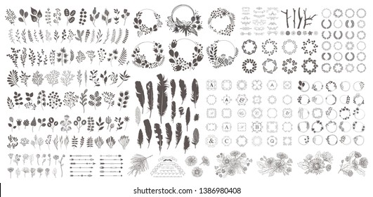 Big set with wreath, design elements, frames, calligraphic. Vector floral illustration with branches, berries, feathers and leaves. Nature frame on white background.