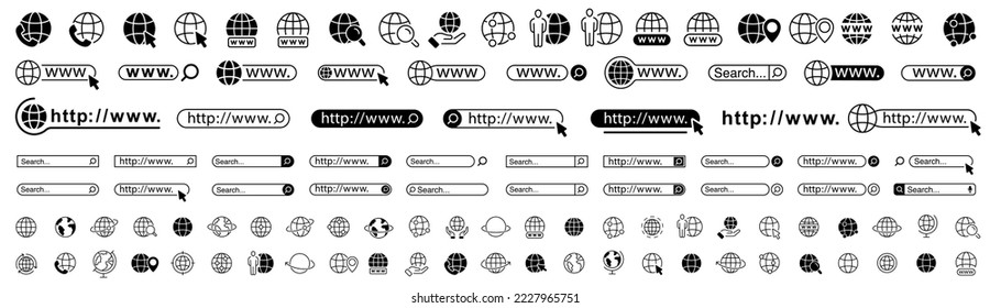 Big Set of www, globe and search bar elements. Www icon set. Website Icon. Vector www icon. Click to go to website or internet. Globe with cursor icons, browser bar, WWW, mouse cursir, search.