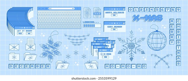 Big set of x-mas stickers in trendy y2k style. Old computer aesthetics of 90s, 00s. Retro PC elements, user interface. Vector illustration