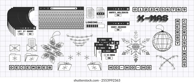 Big set of x-mas stickers in trendy y2k style in monochrome palette. Old computer aesthetics of 90s, 00s. Retro PC elements, user interface. Vector illustration