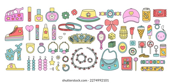 Big set y2k fashion and food elements in trendy retro cartoon style. Sandals, sneakers, ice cream, sunglasses, earrings, beaded choker, 90s stickers. 