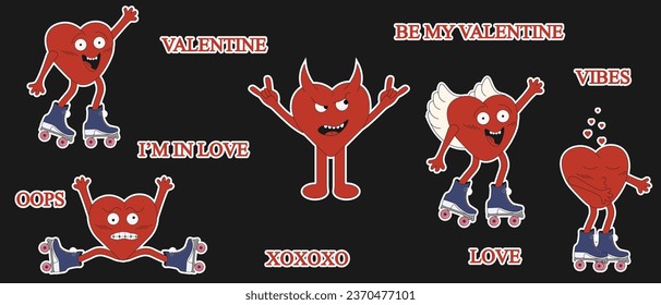 
Big Set Y2K Groovy hippie Hearts sticker. Heart funny cartoon character on rollers. Happy valentine's day concept. Trendy modern emoji in retro style 60s 70s. Hearts Mascot. Vector illustration.