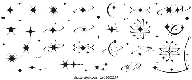 Big Set Y2K stars twinkle bling isolated white background. Abstract sparkle tattoo shapes. Collection simple Geometric sign vector illustration. EPS 10