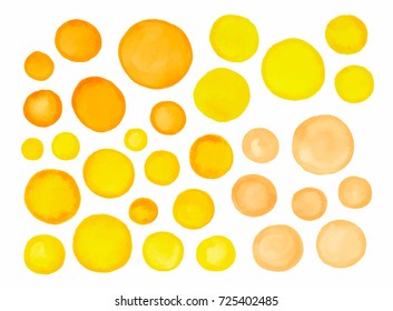 Big set of yellow beige orange watercolor labels and shapes on white background. Hand drawn painted stains set.