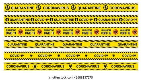 Große Menge gelber Vorsichtsband mit Quarantine, Covid-19, Coronavirus, auf dem geschrieben steht. Warnzeichen eines Ausbruchs. Vektorillustration. Einzeln auf weißem Hintergrund.