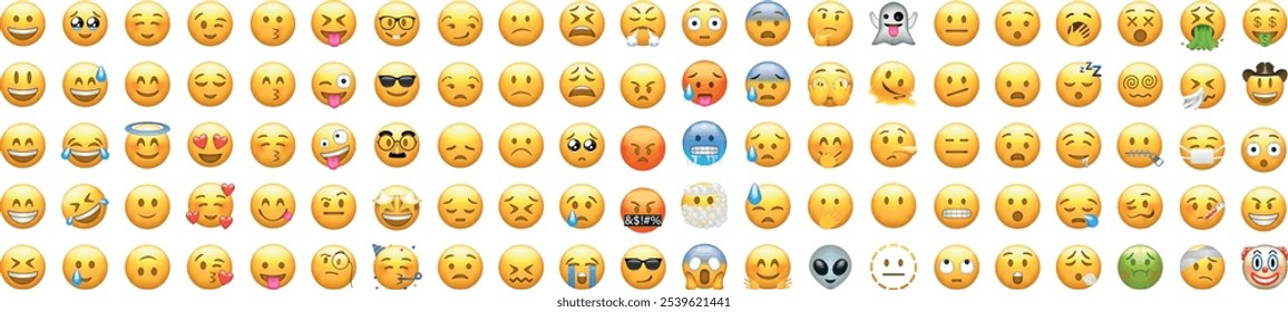 Ein großes Set gelber Emojis. Lustige Emoticons Gesichter mit Gesichtsausdrücken.