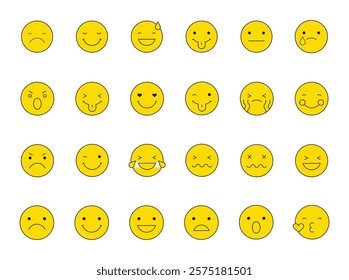 Big set of yellow emoji. Funny emoticons faces with facial expressions.