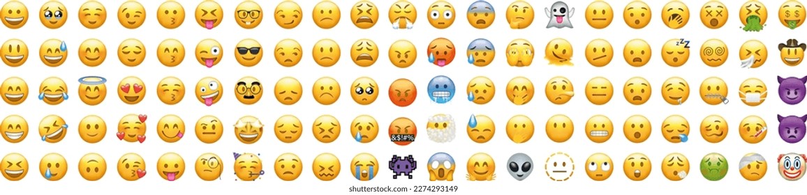 Big set of yellow emoji. iOS emoji, emoticons. WhatsApp emoji. Funny emoticons faces with facial expressions. - Shutterstock ID 2274293149