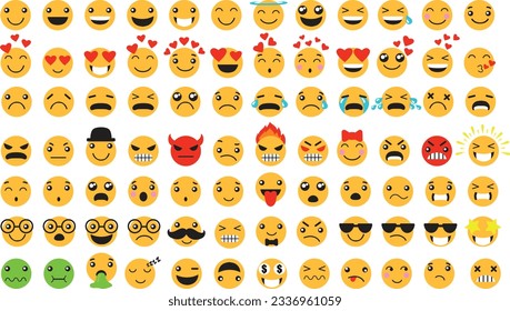 Big set of yellow emoji. iOS emoji, emoticons. WhatsApp emoji. Funny emoticons face with facial expressions.