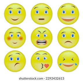 Big set of yellow emoji. Vector emoticons. Funny smiley faces with facial expressions. EPS 10.