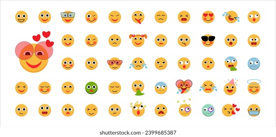 Big set of yellow emoticon smile icons. Cartoon emoji set. Emoticons set.
