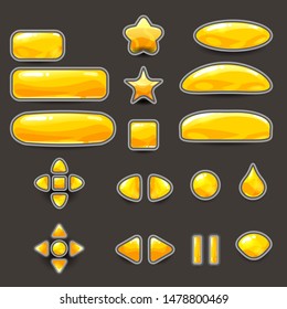 Big set yellow gold color buttons for games and app different shape. Casual game UI kit. 2d game icon. Vector isolated