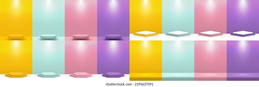 Big set of Yellow, Green, Pink, and Purple, scene backgrounds with lighting. Space for product display, advertising, and show, on pastel color backdrop. Product stand. Vector illustration.