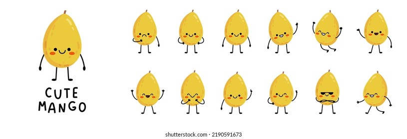 Big set with yellow mango in different poses. Cute cartoon character mango. Flat Vector illustration isolated on white background