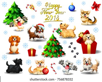 Big set of yellow, orange, red and brown lovely dogs of different breeds and New Year 2018 attributes and Lettering. A vector full-color illustration in cartoon style, separately on a white background