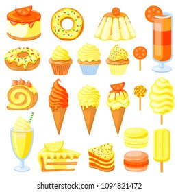 Big set of yellow and orange sweet food. Donut, ice cream, muffins, smoothies, macaroons and candies with lemon and orange citrus topping. Vector illustration