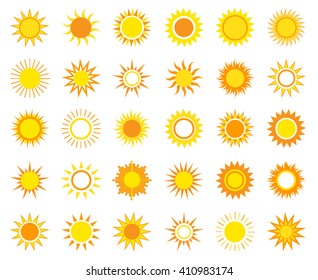 Big set of yellow summer shining suns on the sky, isolated over white. Sun icons collection.
