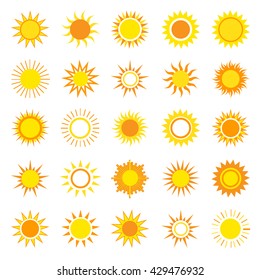 Big set of yellow summer shining suns on the sky, isolated over white. Sun icons collection.