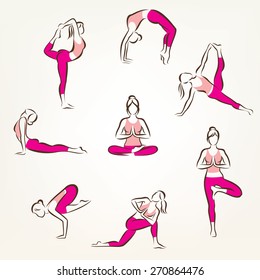 big set of yoga and pilates poses symbols, stylized vector symbols, health care and fitness concept