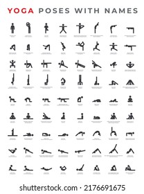 Un gran conjunto de yoga posa Asanas con nombres. Ilustración vectorial.