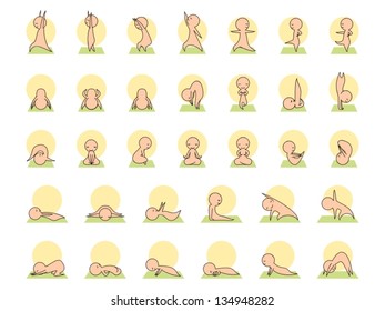A big set of yoga poses, from the easiest ones to the more complicated ones.